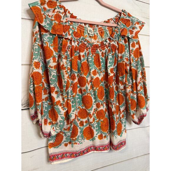 Ivy Jane Off the Shoulder Top S/M Green White Orange Bohoemian Rouched - Picture 7 of 7